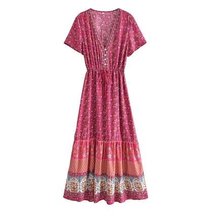 Boho Queens  Vintage Floral Print Sashes Beach Robe Bohemian Maxi Sundress Robe Ladies Cross V Neck Happie Dress Vestidos