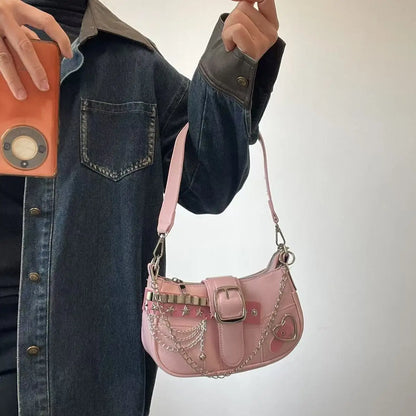Fashion Hot Girls Square Shoulder Bags Retro Rivet Star Women's Underarm Bag Sweet Pu Leather Female Chain Handbags Pink Purse