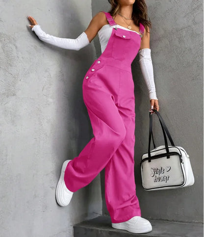 Women's Casual Bib Overalls Adjustable Shoulder Strap Pocket Wide Leg Jumpsuit Loose Straight Women Streetwear Suspender Pants