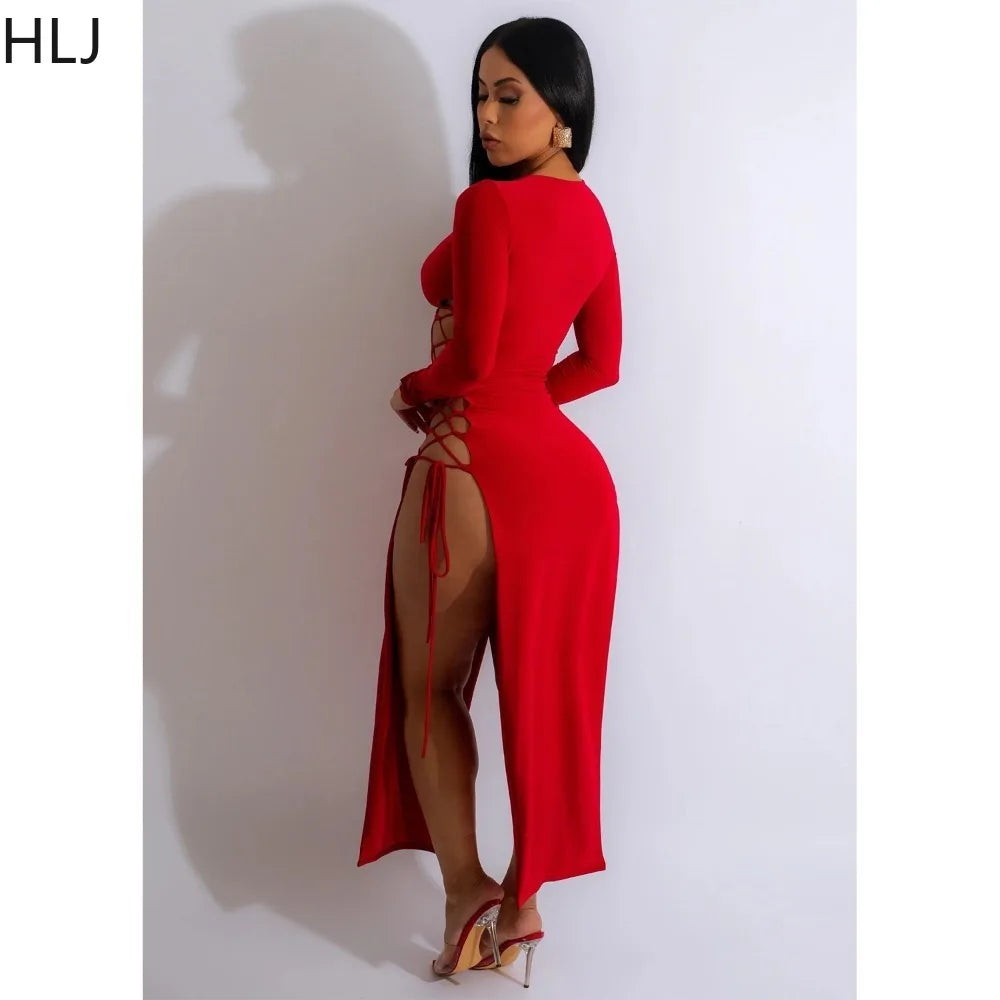 HLJ Sexy Solid Hollow Out Bandage Slit Bodycon Mid Dresses Women Round Neck Long Sleeve Slim Vestidos Fashion Party Club Clothes