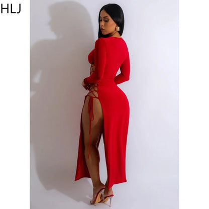 HLJ Sexy Solid Hollow Out Bandage Slit Bodycon Mid Dresses Women Round Neck Long Sleeve Slim Vestidos Fashion Party Club Clothes