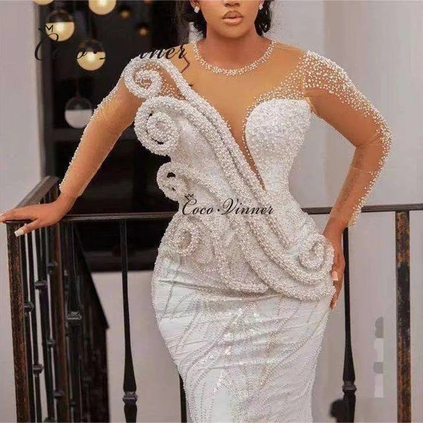 Customized Fashion Design Beaded Pearls Mermaid Wedding Dress Luxury 2026 Sheer Neck Chapel Train Mermaid Bride Dresses W1527