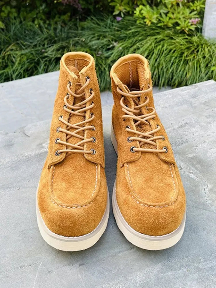 Retro Male Cow Suede Round Toe Hard Wearing Handmade Ankle Boots Leisure Genuine Leather Platform Solid Color Lace-Up Work Shoes