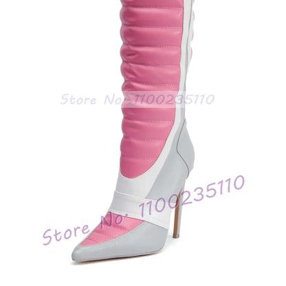Pink Colorblock Stiletto Mid Calf Boots Women Novelty Pointed Toe Side Zipper Shoes Female Streetwear High Heels Biker Boots