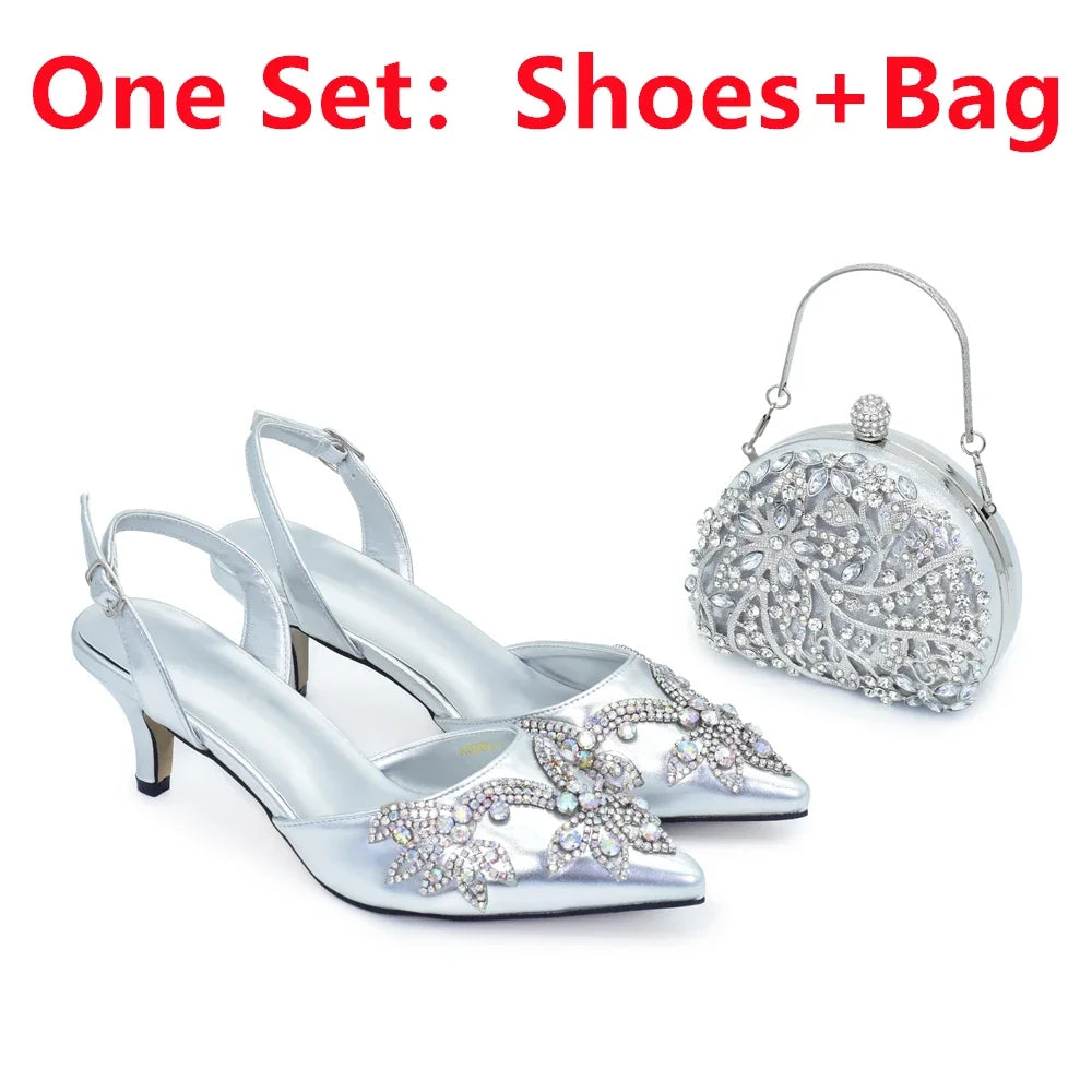 New Fashion Women Shoes and Bags To Match Set Nigeria Party Full Diamond Decoration Metal Closure Shoes for Party Luxury Pumps