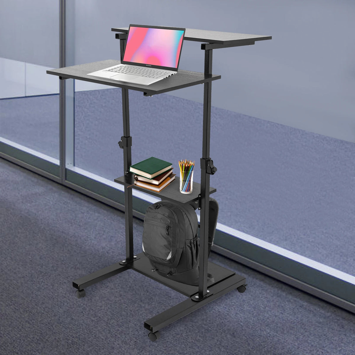 Standing Black Computer Desk 27" With Casters Mobile Standing Desk Height Adjustable Stand up Work Station, Stand up Desk Cart  Ergonomic Portable Lectern, Mobile Vertical Computer Desk, Laptop Desk, Office Desk