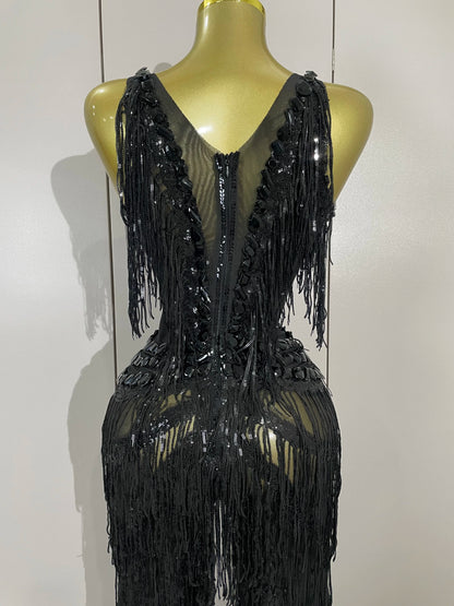 Sparkly Black Rhinestones Sequined Fringe Jumpsuit Women Sexy Nightclub Party Birthday Outfit Show Singer Stage Perform Costume