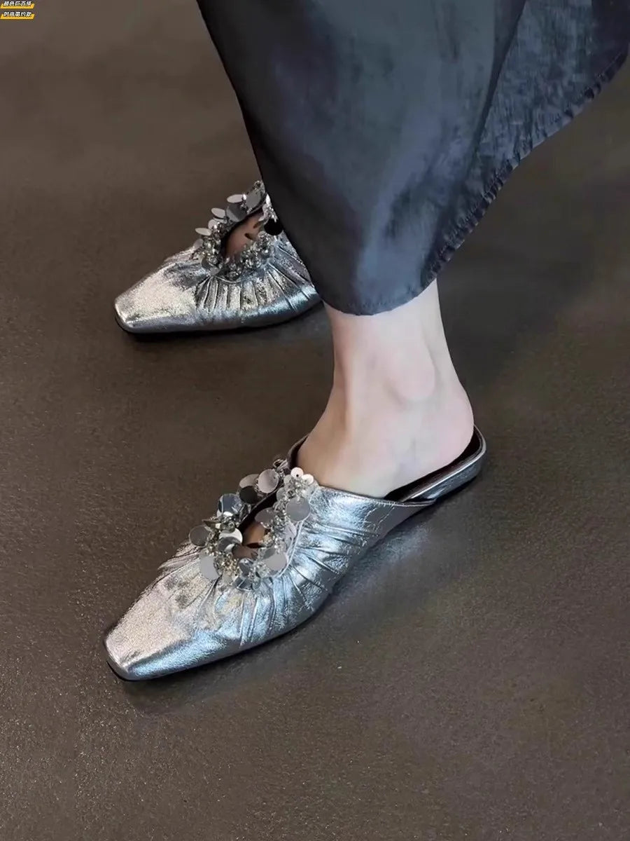 Women Mules Shoes Bling Flats Square Toe Slippers Elegant New 2025 Summer Sandals Dress Party Luxury Woman Slingback Shoes Mujer