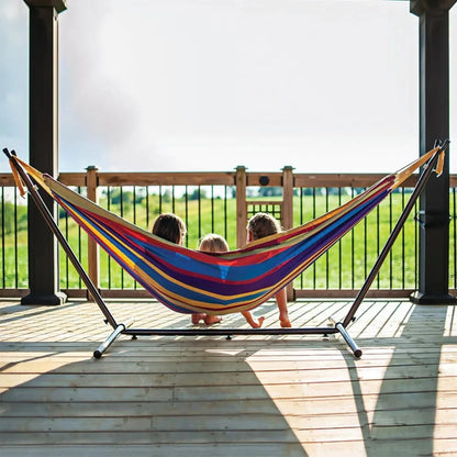 Double Cotton Hammock with Steel Stand, 450 lb Capacity, Portable with Carry Bag