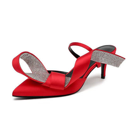 Pink Rhinestone Sandals Woman Pointed Toe Luxury Satin Butterfly Knot High Heel Party Shoes Lady Sexy Mules Slippers