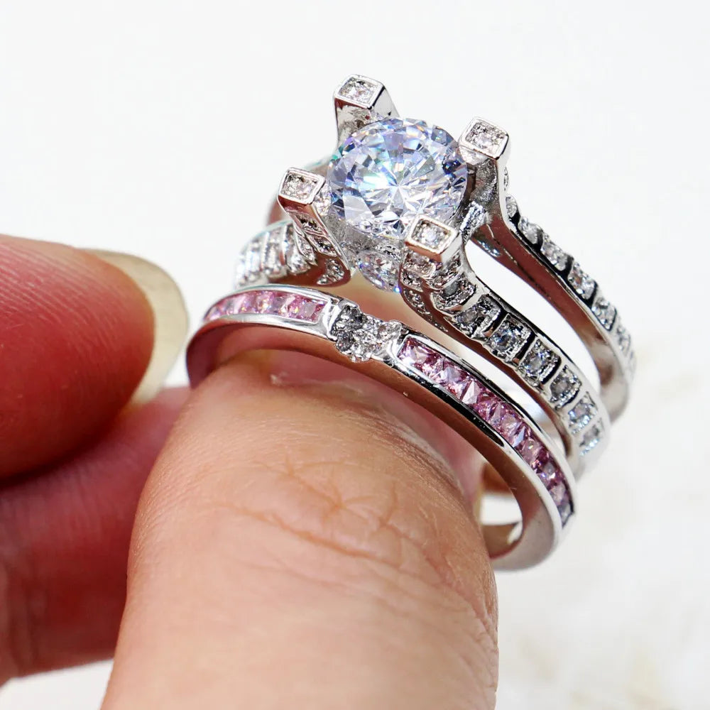 14K White Gold Vintage Lovers Grown Pink Diamond Ring Set Engagement Wedding Rings for Women Men Jewelry