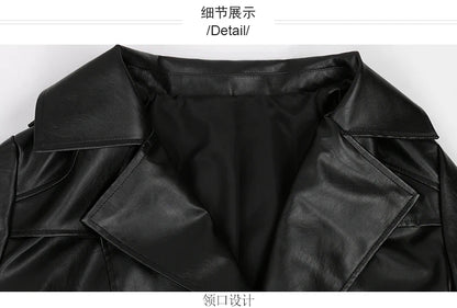 Mauroicardi Spring Autumn Waterproof Black Soft Pu Leather Trench Coat for Women Belt Double Breasted Floor Length Overcoat 2025