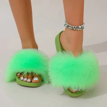 Fashion Fox Fur Slides Women Luxury Designer Summer Sandals Ladies Furry Lazy Slippers Fluffy Flip Flops Shoes Plus Size Shoes