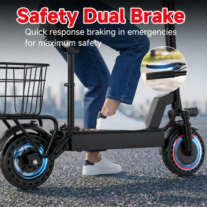 10inch Solid Tire Electric Scooter with Basket 7.8AH Battery 22Miles Max Range 22MPH Max Speed Dua Shock Absorption Foldable Adult E-scooter