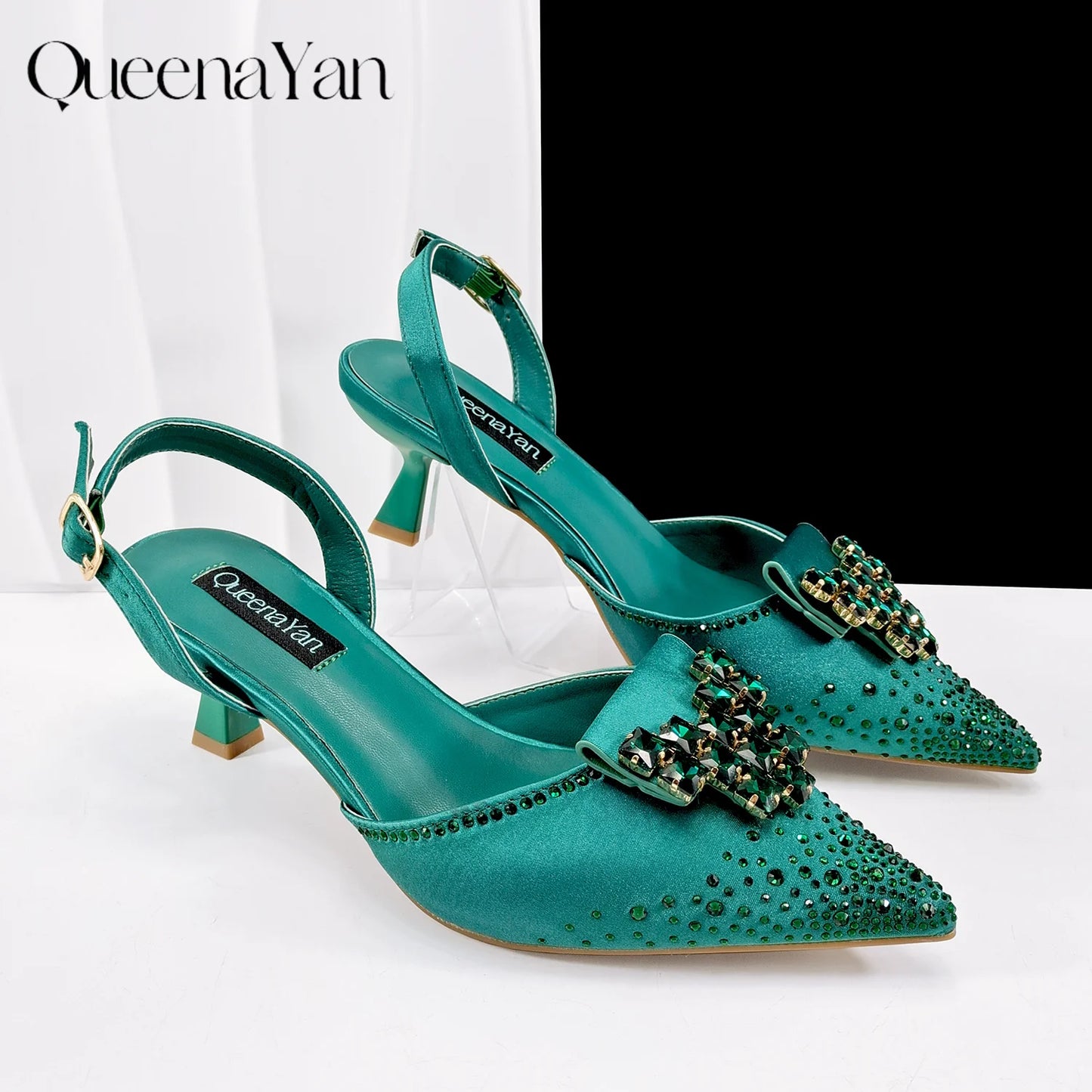 QueenaYan Elegant Navy Blue Handbag and Medium Heel Shoes Set with Beautiful Handmade Metal Decoration for Weddings and Parties