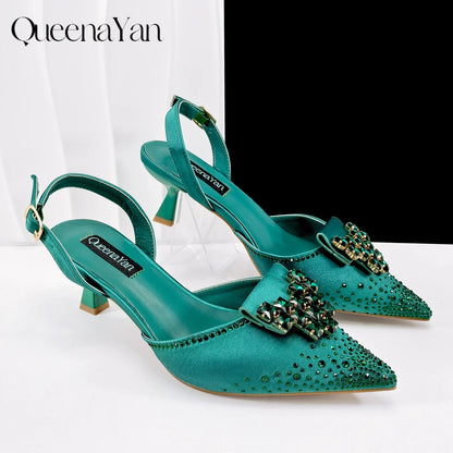 QueenaYan Elegant Navy Blue Handbag and Medium Heel Shoes Set with Beautiful Handmade Metal Decoration for Weddings and Parties