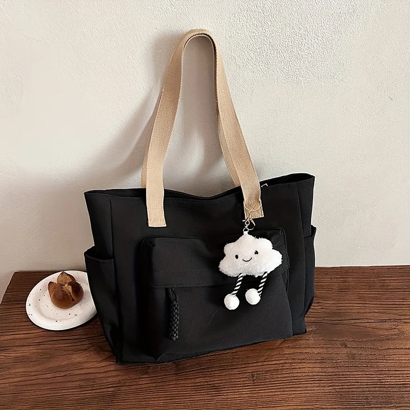 Multi Compartment, Zipper Closure, Women's Bags Large Capacity Japanese Style Tote Bag, Cute Plush Fixed Strap, Casual Elegance