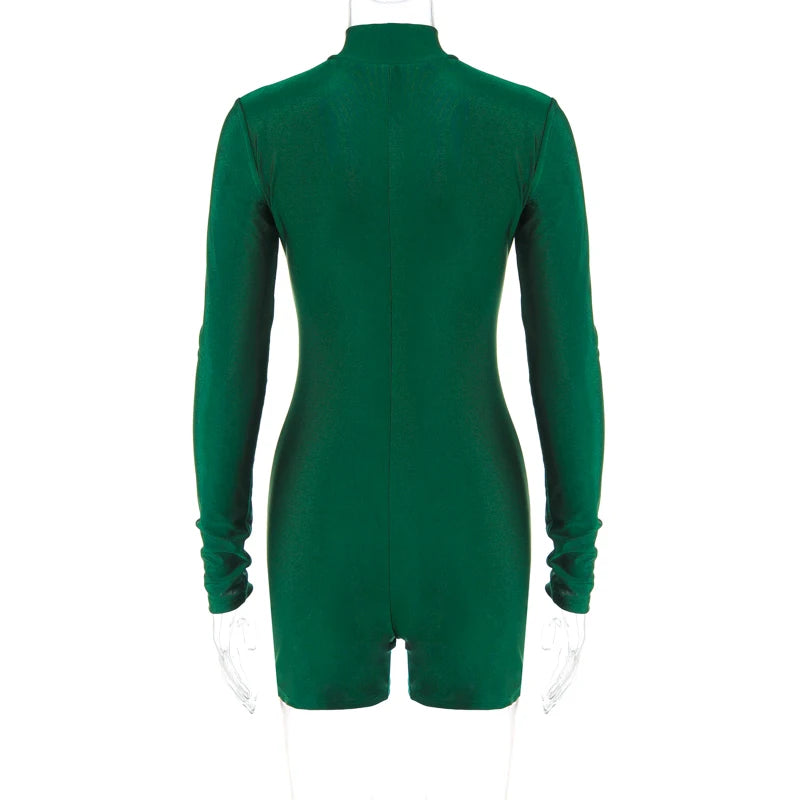 Hugcitar Solid Turtleneck Long Sleeve Zip Up Sexy Slim Skinny One Piece Playsuit 2024 Fall Women Fashion Streetwear Party Romper