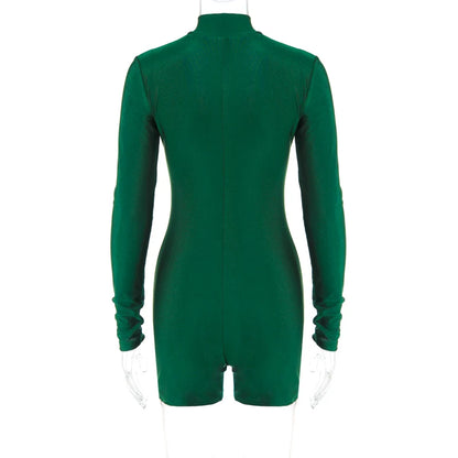 Hugcitar Solid Turtleneck Long Sleeve Zip Up Sexy Slim Skinny One Piece Playsuit 2024 Fall Women Fashion Streetwear Party Romper