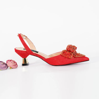 QSGFC Italian Design Red Elegant Women's Heels Fashion Crystal Bow Pointed Toe Sandals Nigeria Shoes Bag Set For Women