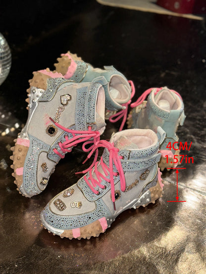 Women Rhinestone Casual Luxury Sneakers Diamond High-Top Designer Boots Thick Bottom Shoes Female Tennis Outdoors Walking Shoes