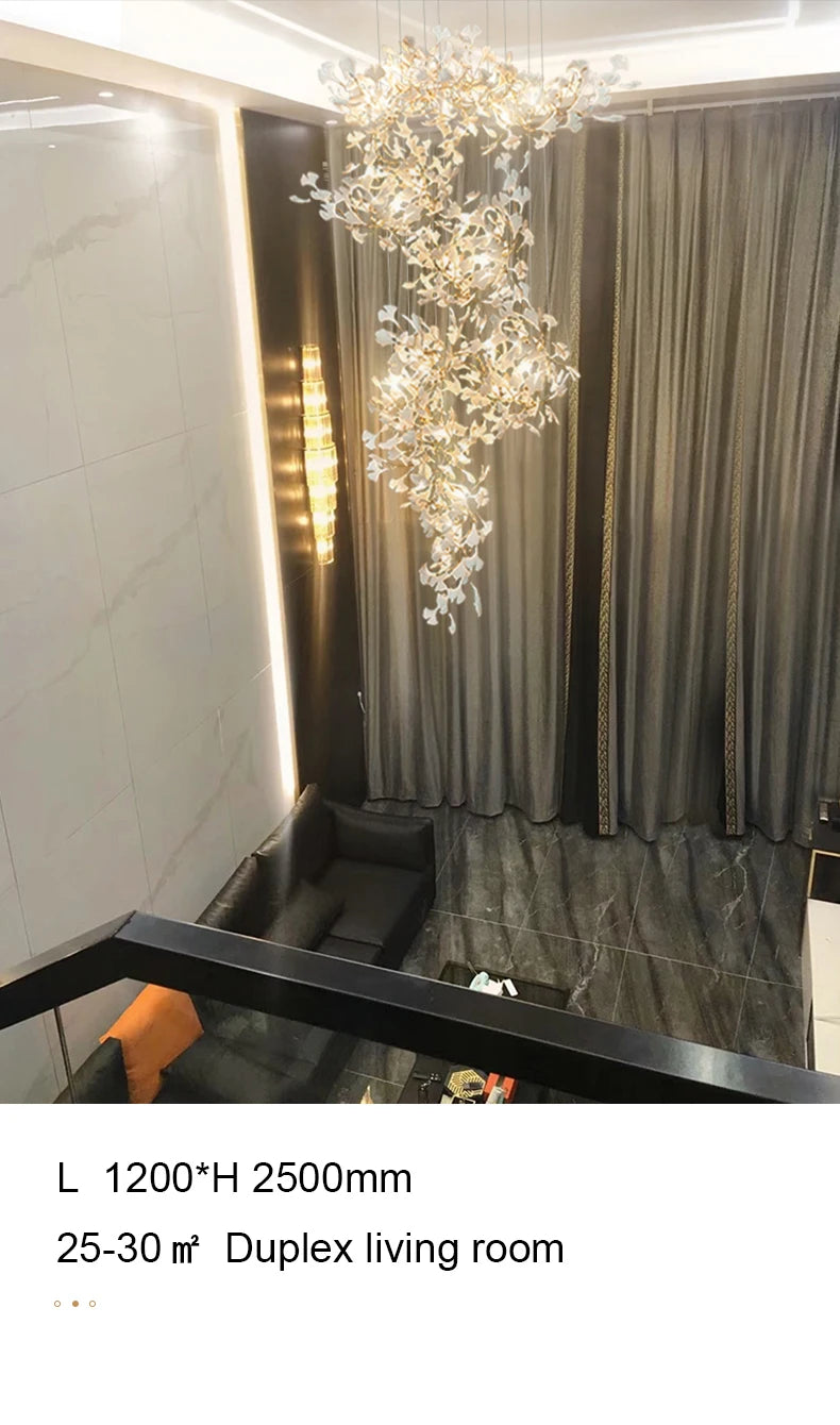 Staircase Ginko Leaf Chandelier Light For High Ceiling Staircase Loft Living Room Hotel Lobby Stairway Luxury Branch Chandeliers