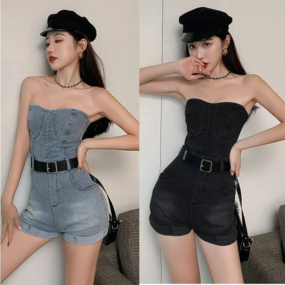 2024 Summer Rompers Women Jeans Jumpsuit Off Shoulder Loose Casual Denim Rompers Womens Jumpsuits Wide Leg Casual Denim Overalls