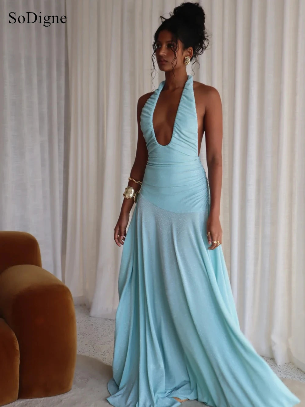 SoDigne Sexy Evening Dresses Pleated Low Cut-out Halter Backless Party Dress Sleeveless A-Line Prom Gowns Summer 2026 Customized