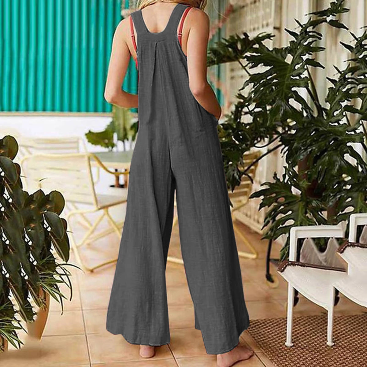 Women Summer Boho Jumpsuit Overalls Solid Ethnic Style Square Neck Sleeveless Casual Jumpsuit Pockets Loose Pants Jumpsuits 2024