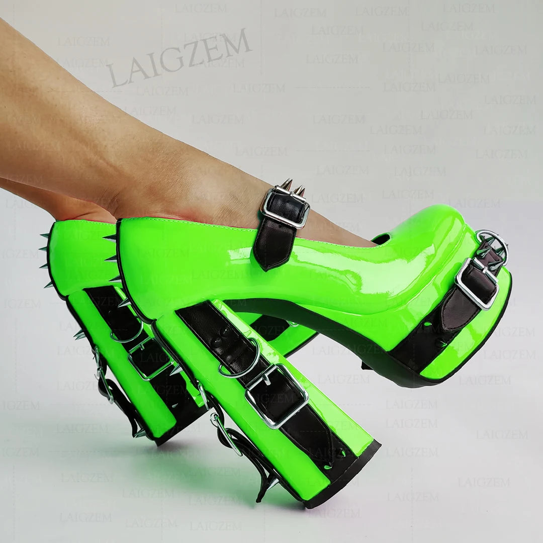 LAIGZEM Women Pumps Punk Rivets Patchwork Platform Cosplay Gothic Sandals Handmade Buckle Straps Shoes Woman Big Size 39 43 52