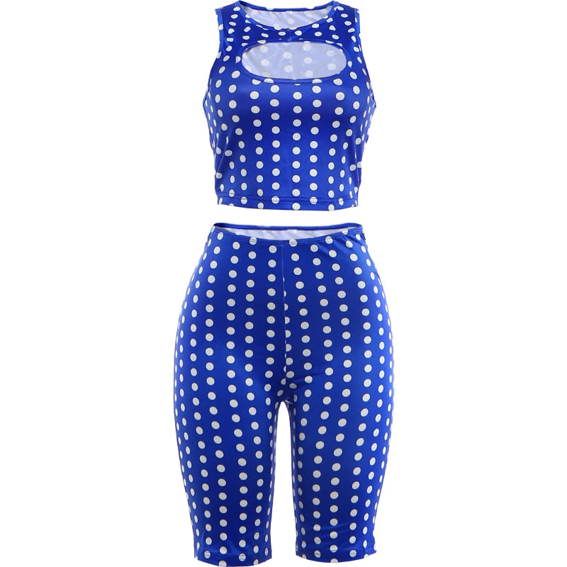 Weird Puss Sexy Hollow 2Piece Set Woman Polka Dot Print O-Neck Crop Tops+Skinny Stretch Shorts Hot Girl High Street Fashion Suit