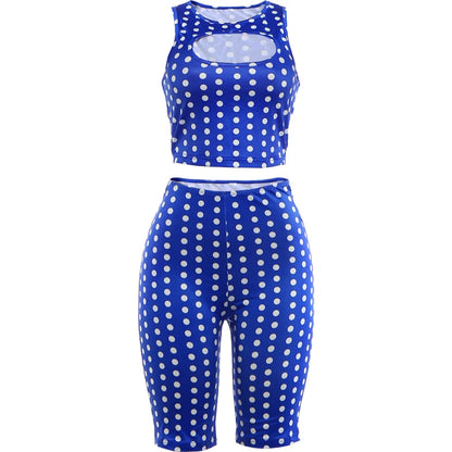 Weird Puss Sexy Hollow 2Piece Set Woman Polka Dot Print O-Neck Crop Tops+Skinny Stretch Shorts Hot Girl High Street Fashion Suit