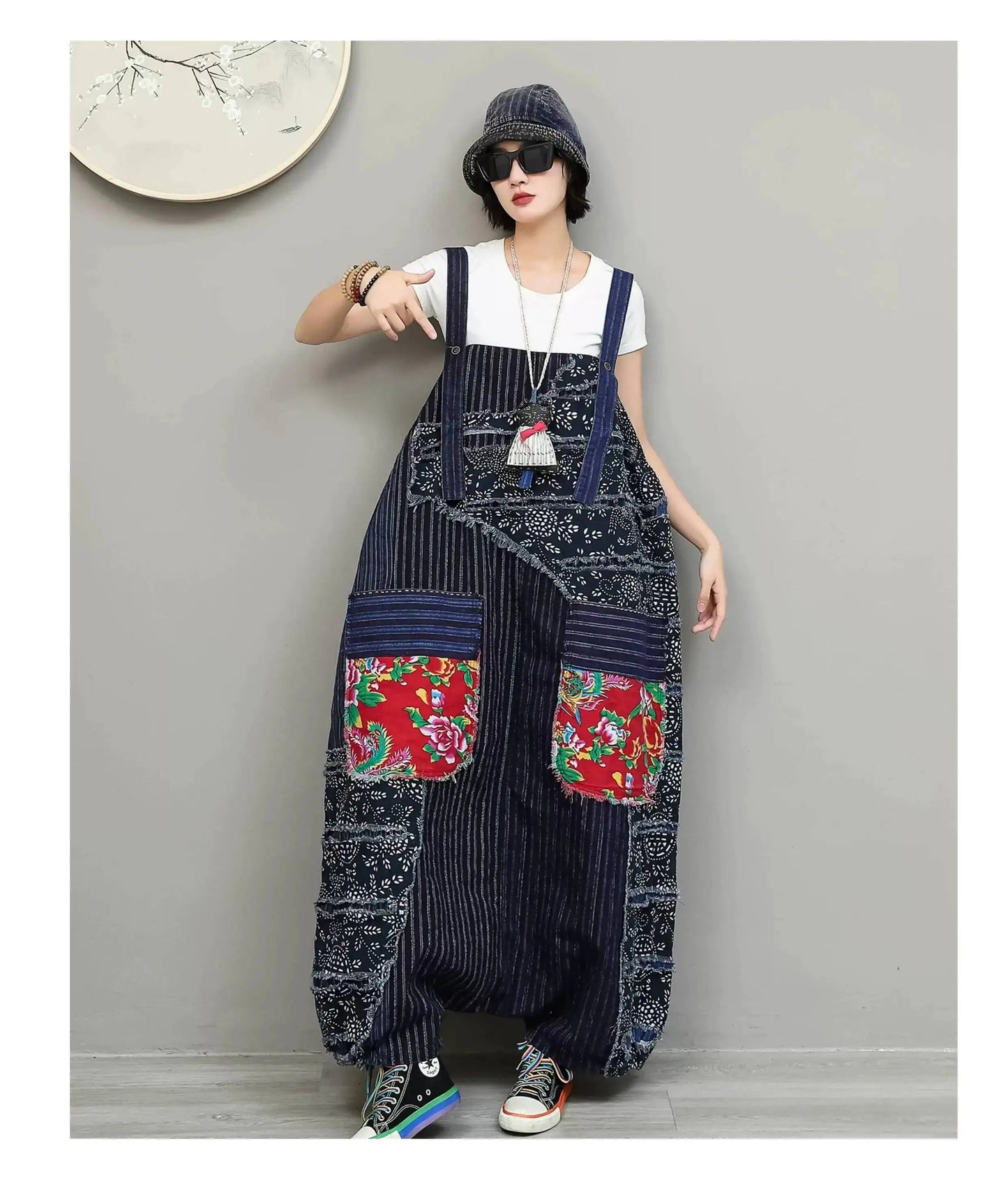 Unique Niche Women Cotton-linen Patchwork High-waist Overalls Large Pockets Sleeveless Jumpsuit LX6266