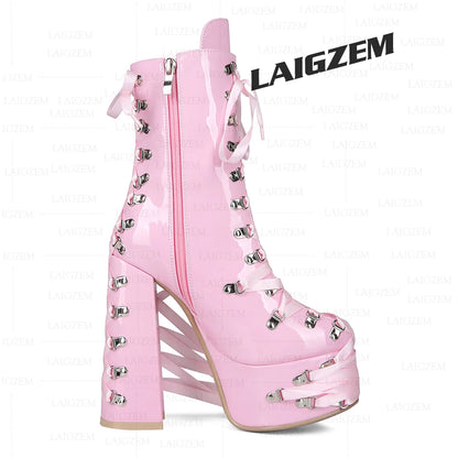 LAIGZEM Women Ankle Boots Side Zip Up Lace Up Thick High Heels Boots Cosplay Gothic Ladies Shoes Woman Large Size 38 41 43 47 52