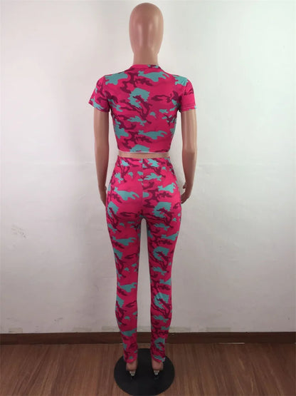 Wmstar Women Two Piece Set Summer Sexy Sport Fashion Casual Ripped Sweatshirt Sweat Camouflage Print Pant Sets Outfit Tracksuit