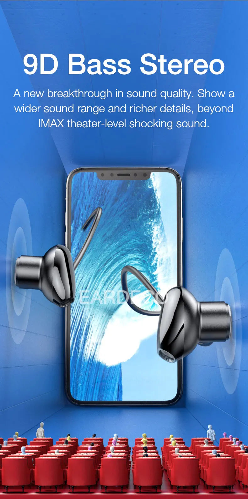 EARDECO 100 Hours Endurance Wireless Headphones Bass In-ear Bluetooth Headphone Earphone Music Sport Earbuds with Mic Stereo