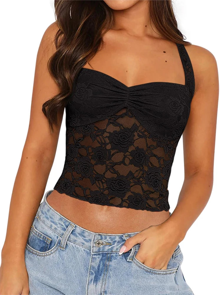 Spring/Summer 2025 New Arrival Women's Y2K Style Sleeveless Lace-Trimmed Fitted T-Shirt Lace-Tie Plain-Colour Tank Top