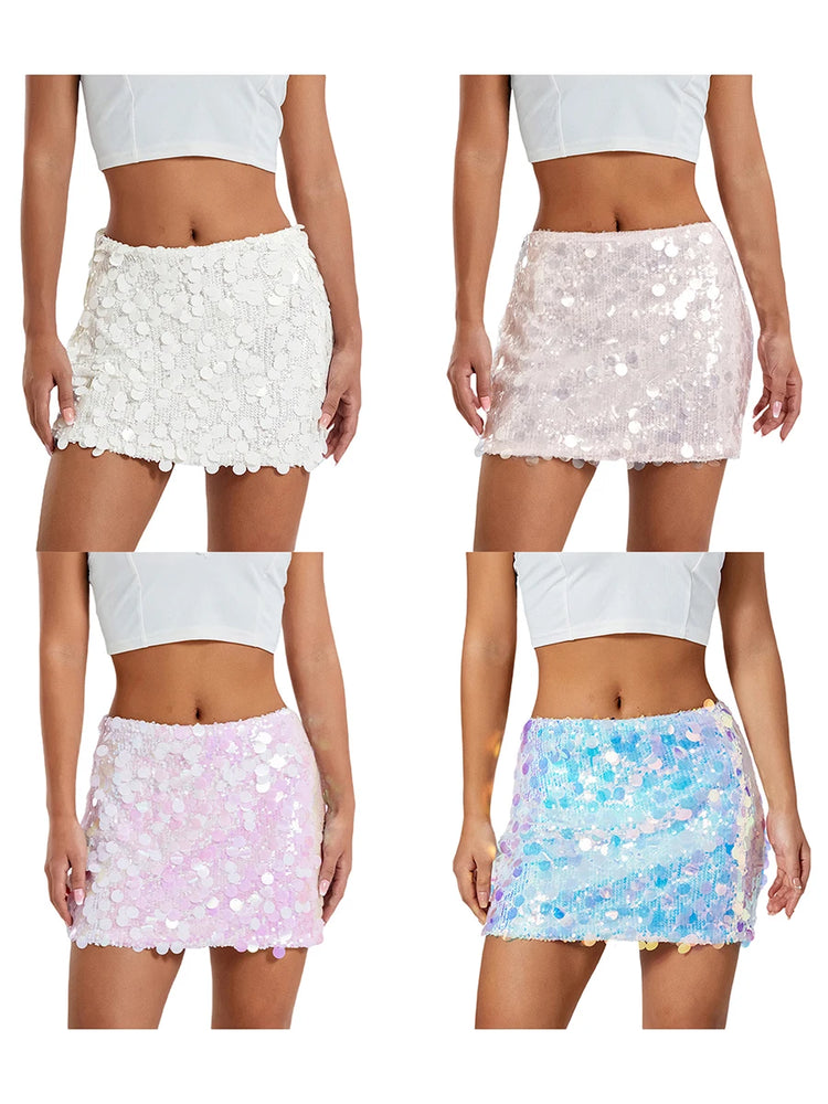 2024 New Fashion Women's Sparkle Sequin Skirt Glitter Mini Skirt Belly Dance Short Skirt Clubwear Festival Costume
