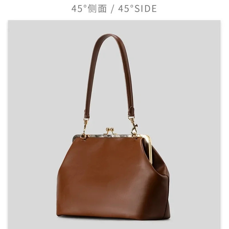 2026 Retro Leather & Straw Woven Bag – Kiss Lock Frame Shell Clutch, Large Capacity Shoulder Tote for Commute Beach Evening