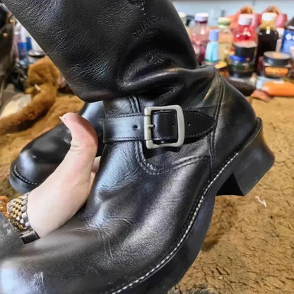 Retro Genuine Leather British Long Chelsae Boots Knee High Buckle Strap Riding Botas Moto Thick Heel Engineer Boots