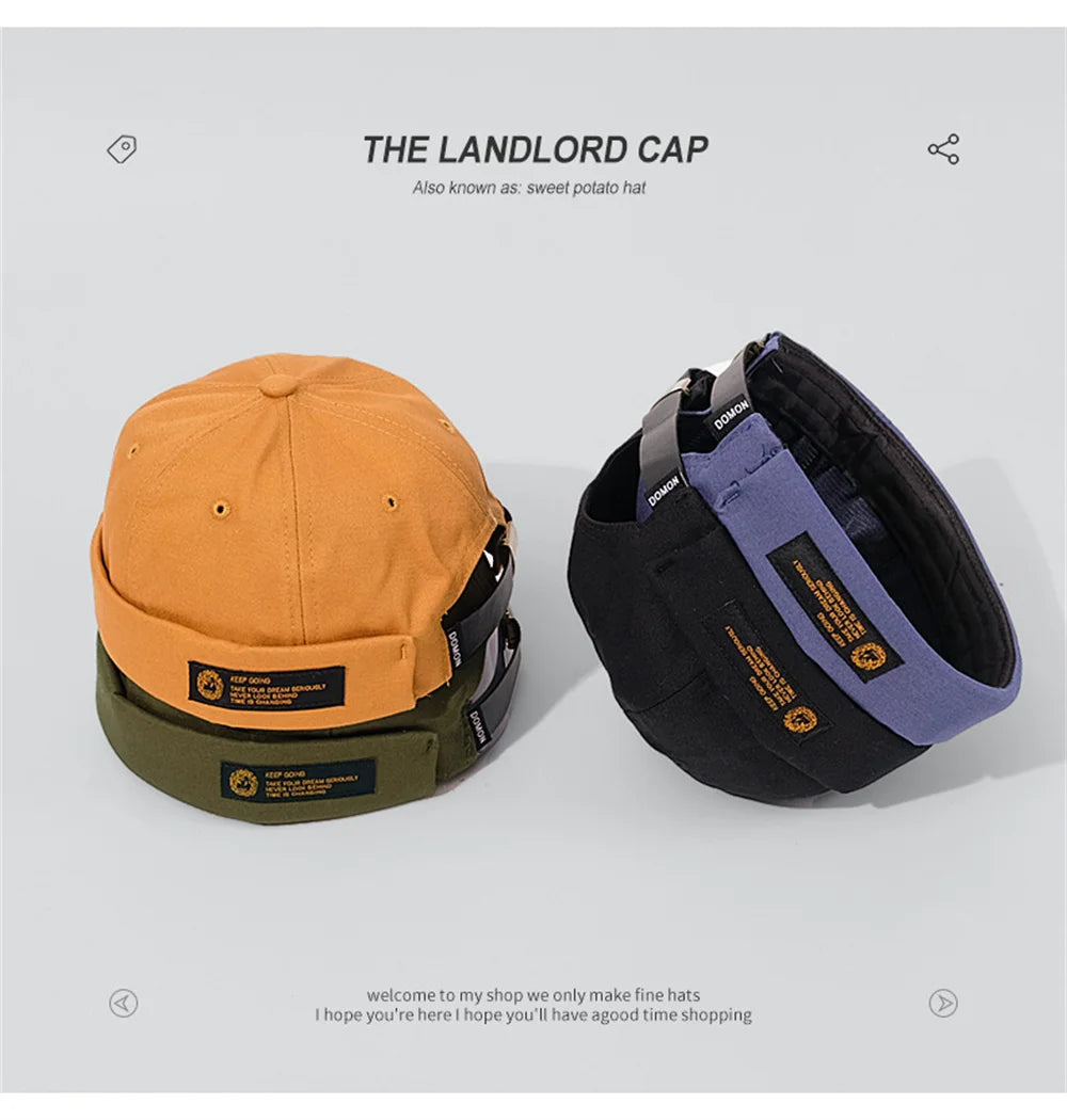Retro Letter Label Brimless Caps Unisex Solid Color Beanie Men Women Summer Street Adjustable Docker Hats Melon Cap Hip Hop Cap