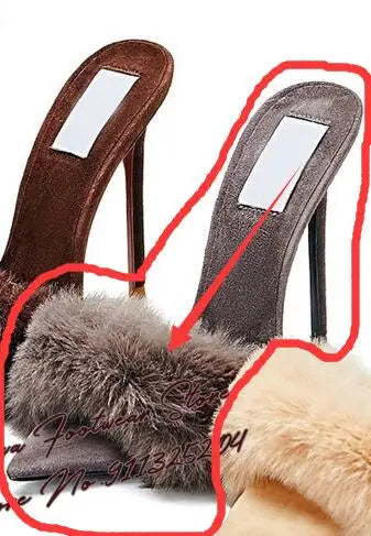 Surkova Sky Blue Black Luxury Fur Embellished Sandals Suede Thin High Heel Slippers Steel Tip Toe Slip-on Evening Shoes Size46