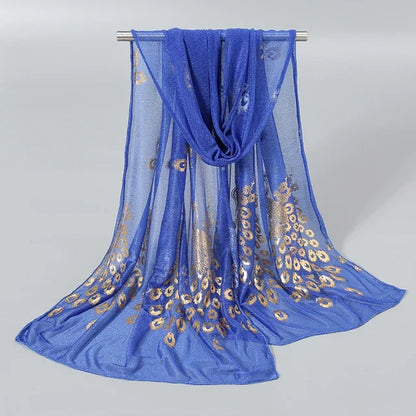 Women Glitter Thin Muffler Solid Color  Elegant Hijab Scarf Chiffon Long Scarves Gold Peacock Print Wrap Shawl Georgette Scarf