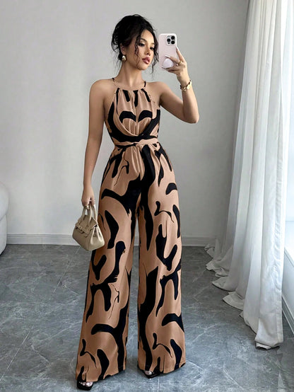 Summer Women's Sexy Halter Neck Jumpsuit Casual Pants Jump Suits For Women Geometric Print Jumpsuit Party Outfits For Women