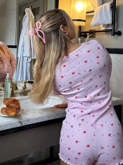 CNYISHE Bow Printed Button Square Collar Tompers Sheath Women Playsuits Fashion Long Sleeve House Pajams Female Jumpsuits Casual