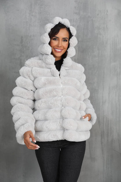 2026 Winter Hooded Plus Size Faux Fur Cropped Coat Women Furry Long Sleeve Plush Jacket Lady Large Fake Fur Warm Fluffy Cardigan