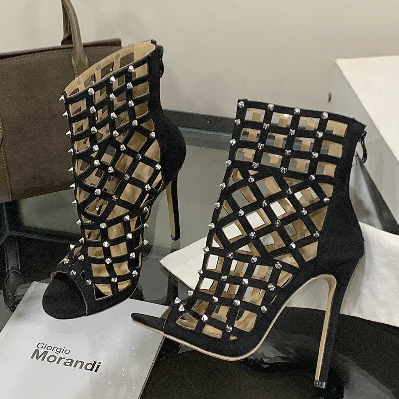 Eilyken 2026 New Street Design Rivet Hollow Out Zipper Ankle Boots Women Sandals Thin Heels Prom Ladies Shoes Botas Mujer
