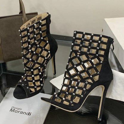 Eilyken 2026 New Street Design Rivet Hollow Out Zipper Ankle Boots Women Sandals Thin Heels Prom Ladies Shoes Botas Mujer