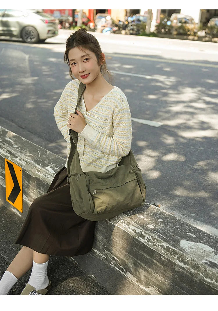 100% Cotton Shoulder Bags Women Large Capacity Canvas Tooling Packages Korea Style Cloth Crossbody Bags Solid Messenger Bags