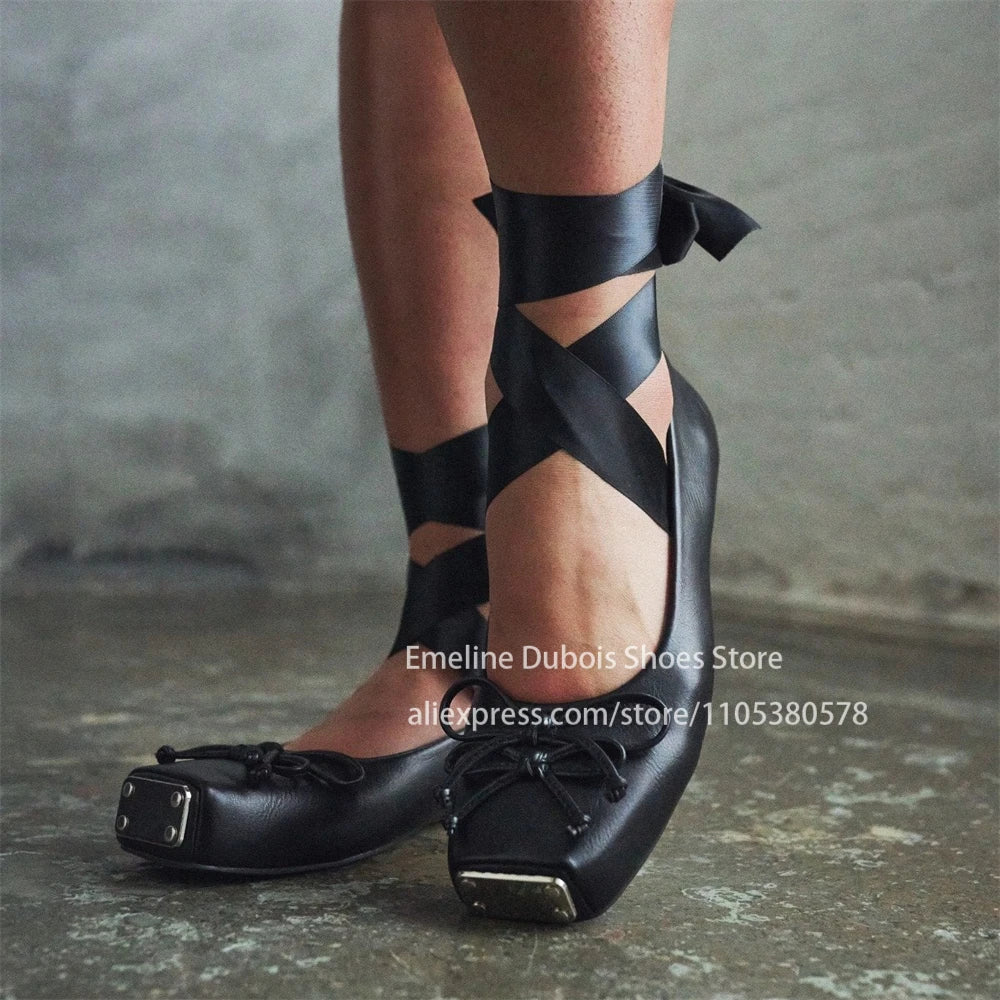 Metallic Square Toe Ankle Wrap Bow Ballet Flats PU Leather Lace up Gothic Street Club Party Plus Size Casual Shoes for Women